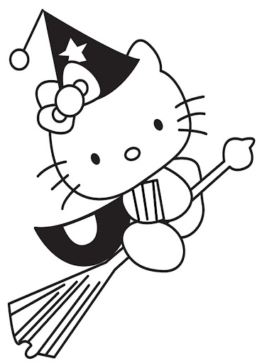 Online coloring book: Hello Kitty coloring page on a broomstick on Halloween
